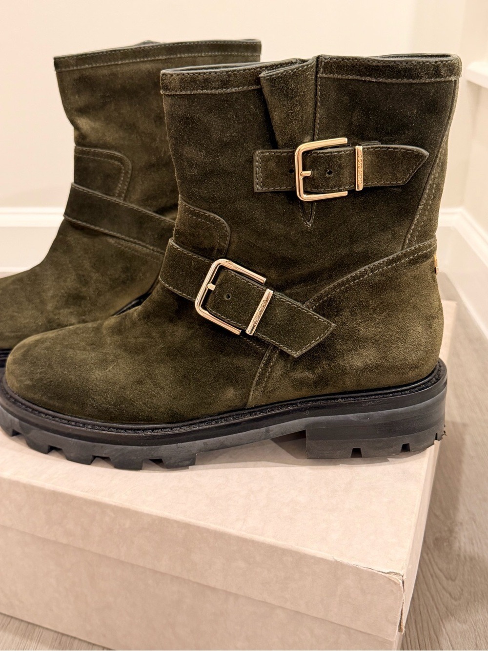 Jimmy Choo Youth ll Suede Biker Boots Seaweed Lug Sole Buckle EU 38.5